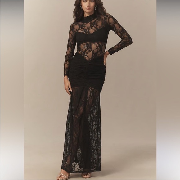 Nightcap Dress Mock-Neck Drop-Waist Lace Long Sleeve Maxi Gown In Black